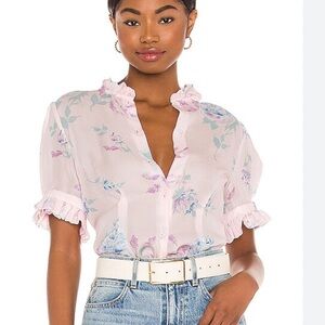 Selkie Bistro Blouse dream house  Floral Print top puff sleeves sheer flaw Sz S